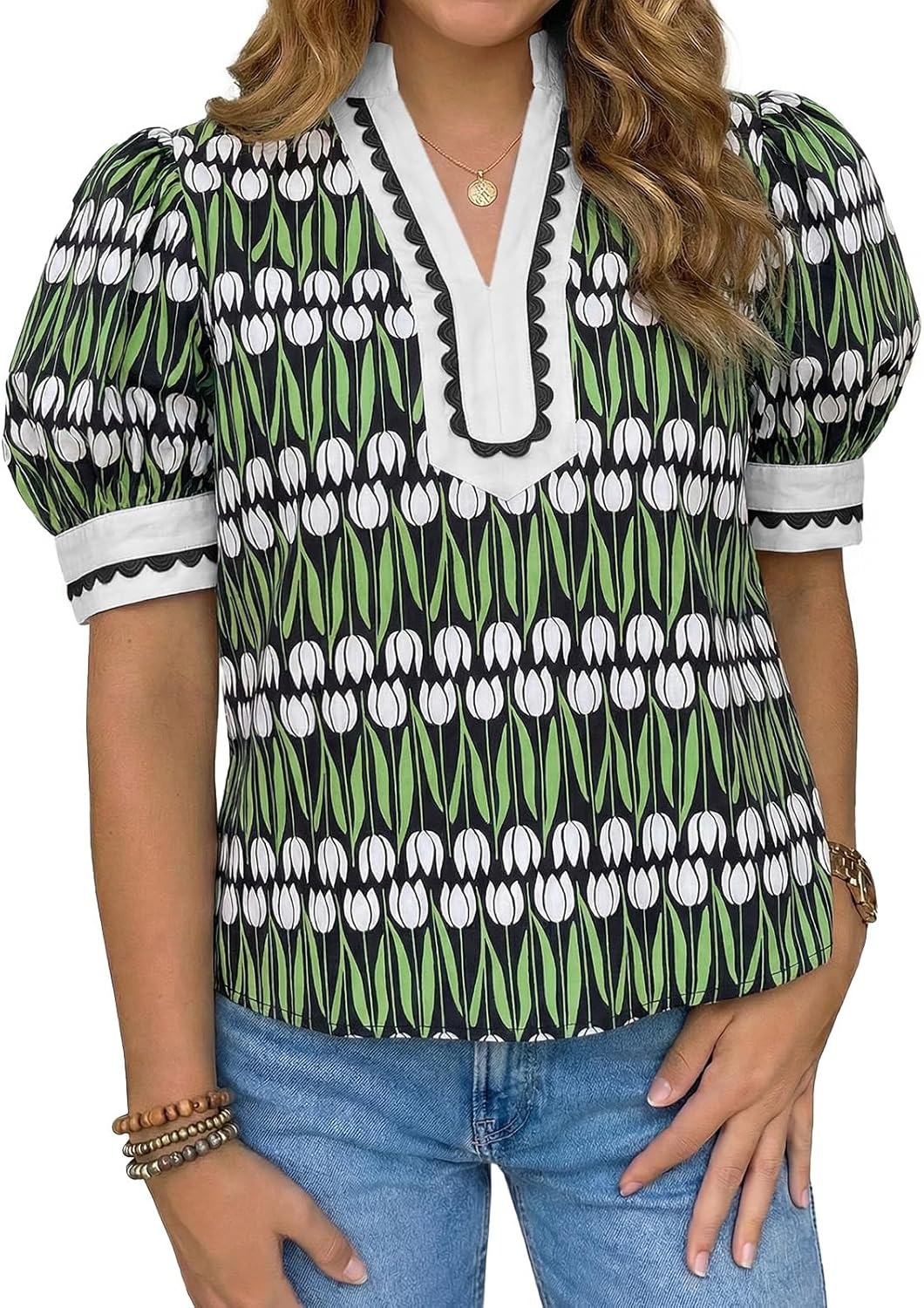 🌷Women's Puff Sleeve Floral Dressy Casual V Neck Loose Fit Blouse Tops