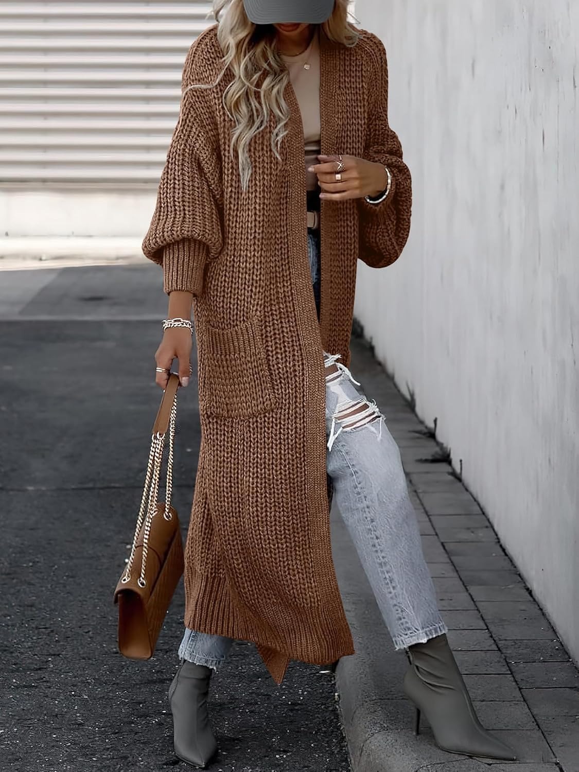 Women's Open Front Knit Long Cardigan Sweaters with Pockets