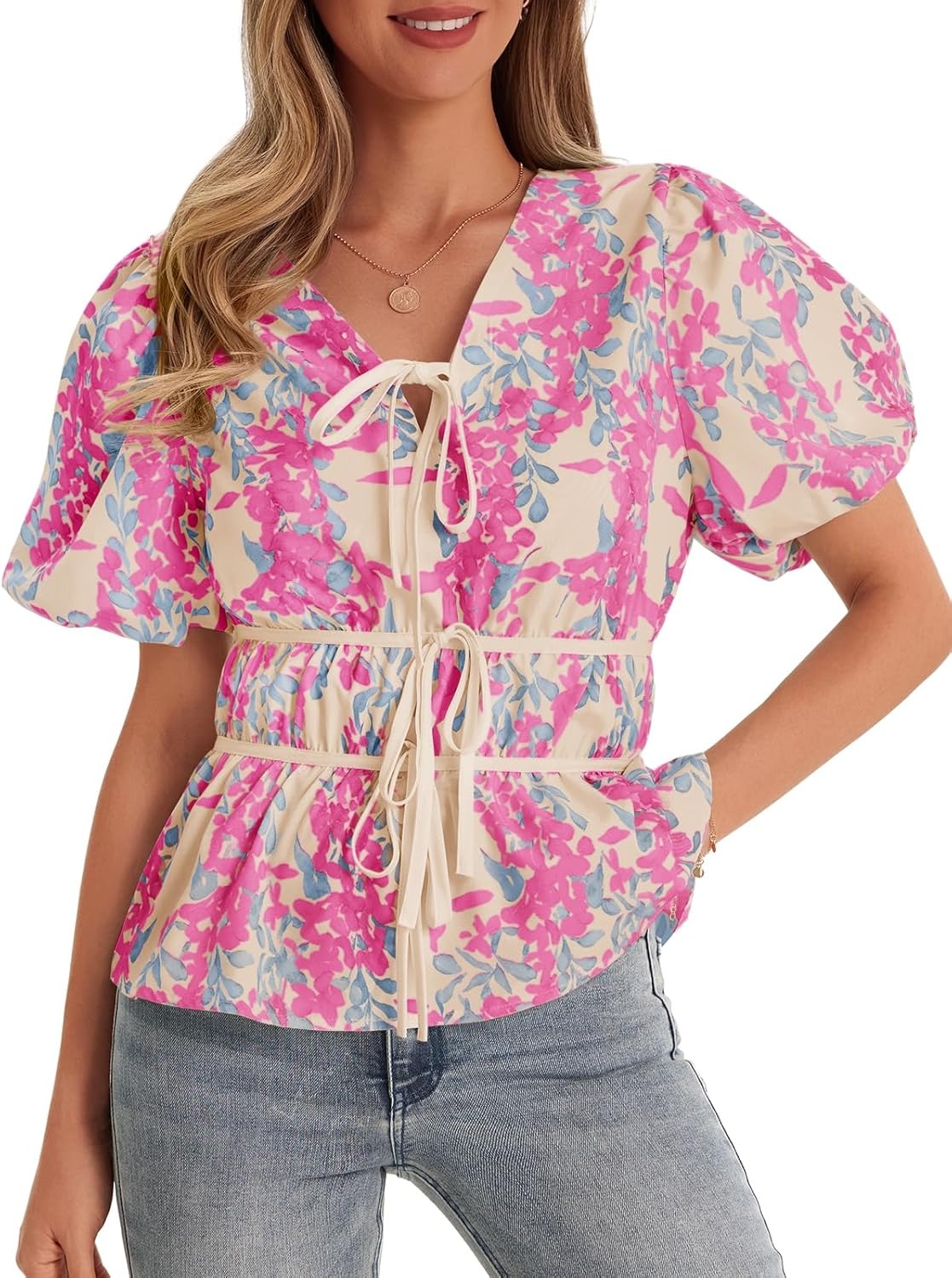 Women's Puff Sleeve Tie V Neck Print Shirts