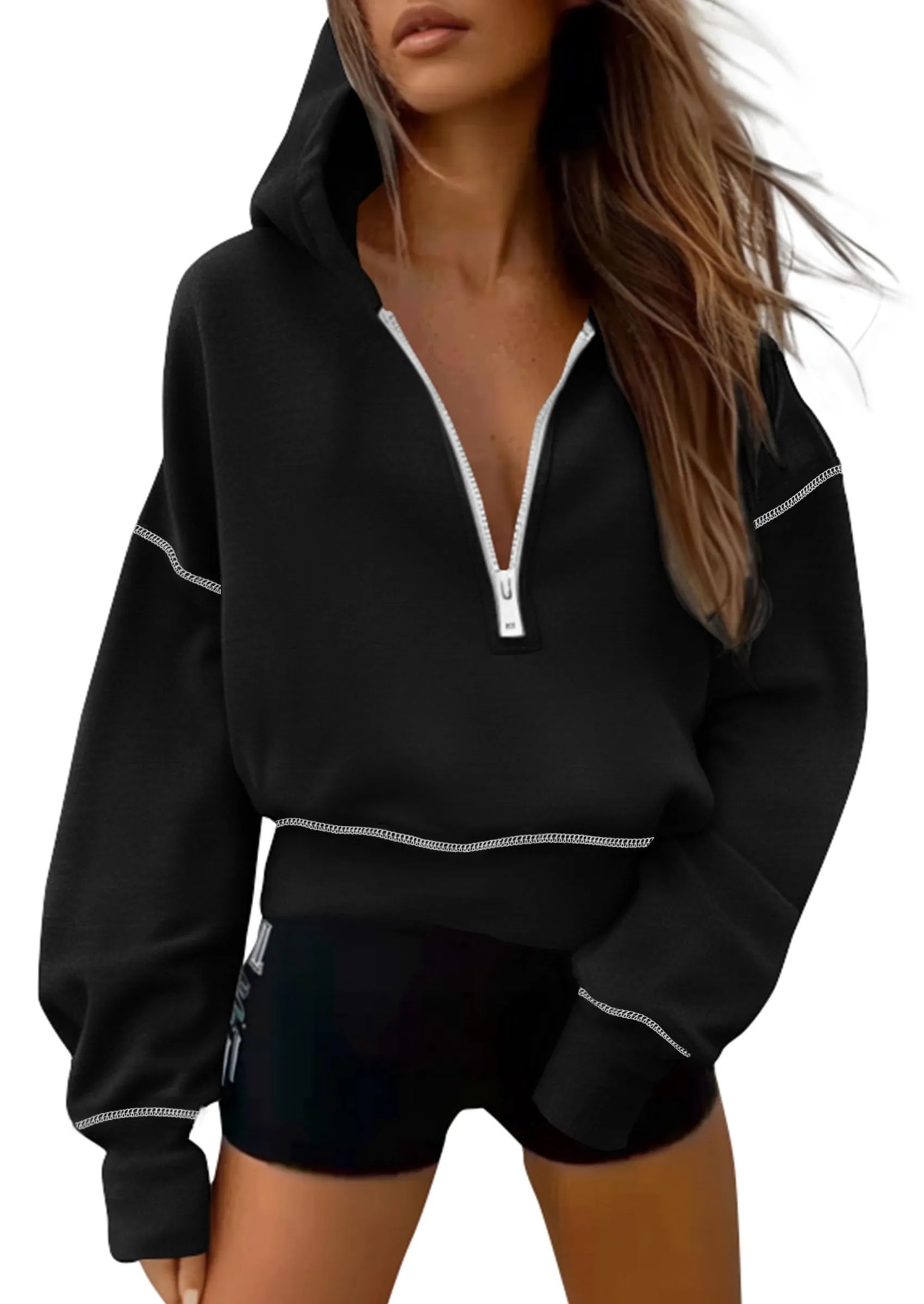 HOT SALE Women's Half Zip Hooded Long Sleeve Cropped Pullover