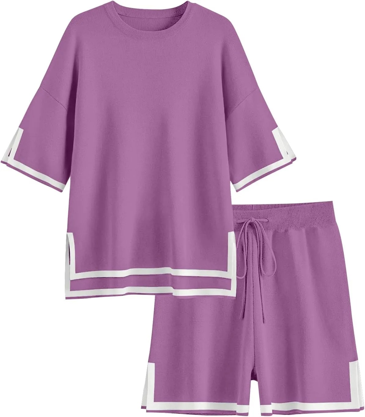 HOT SALE Women's Color Block Knitted Short Sleeve Top And Drawstring Shorts Set