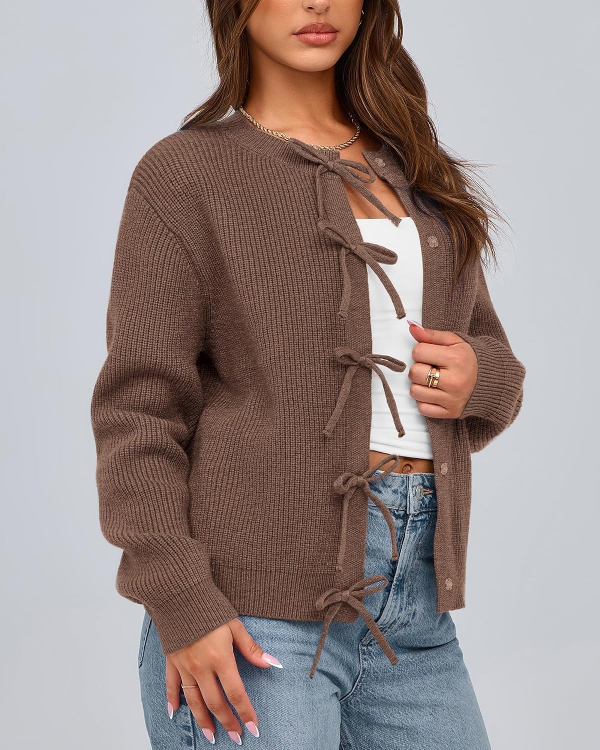 Women's Trendy Long Sleeve Ribbed Bow Button Cardigan Sweater