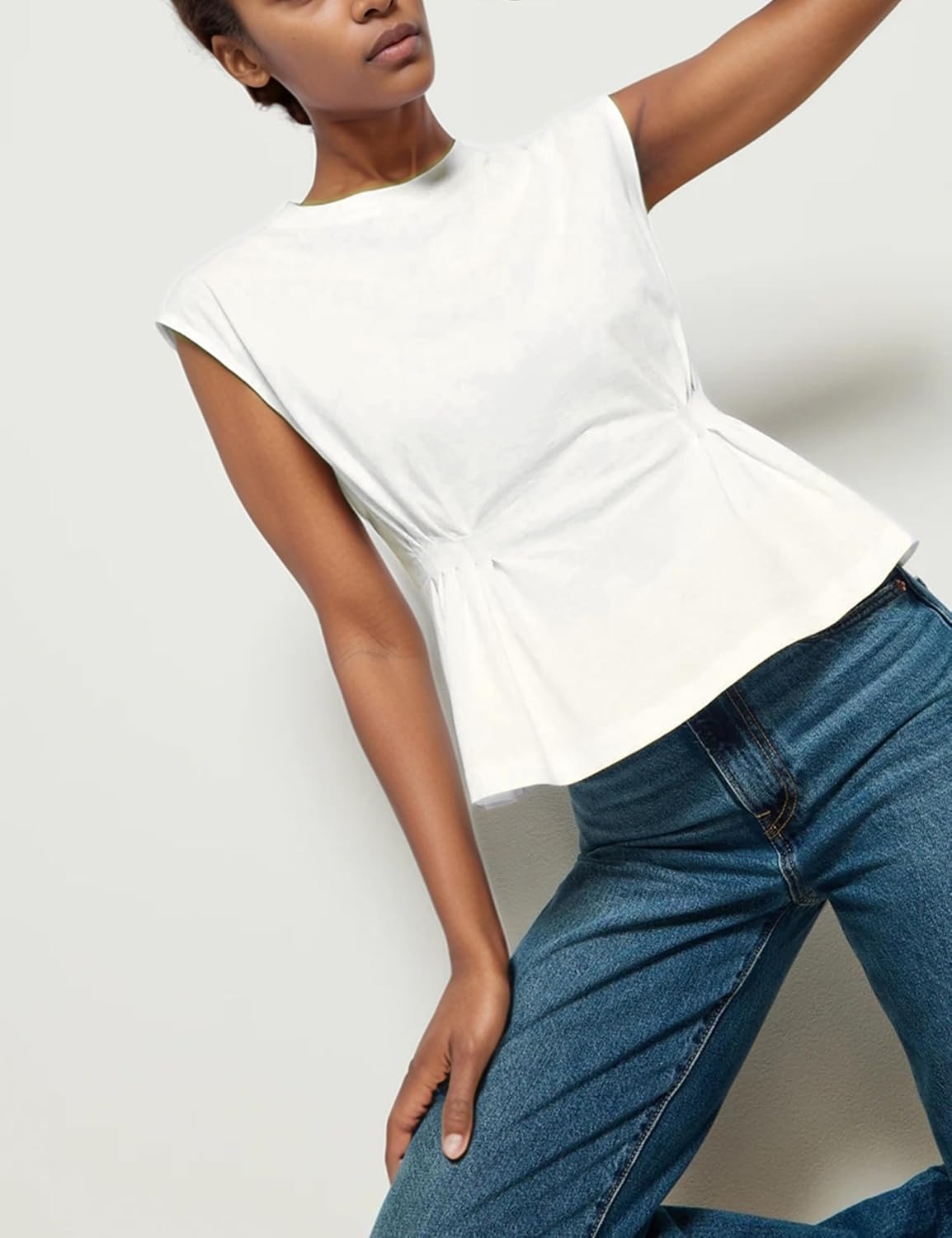 Women's Casual Cap Sleeve Dressy Pleated Tops Tunic Shirt