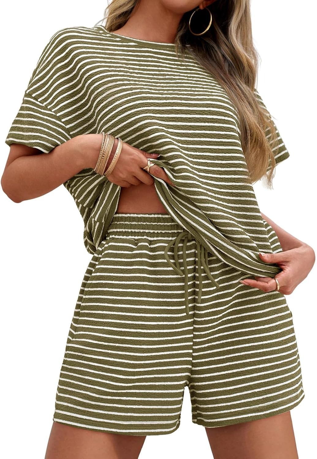 ✨Women's Striped 2 Piece Lounge Sets Short Sleeve Oversized T Shirts Drawstring Shorts Matching Set