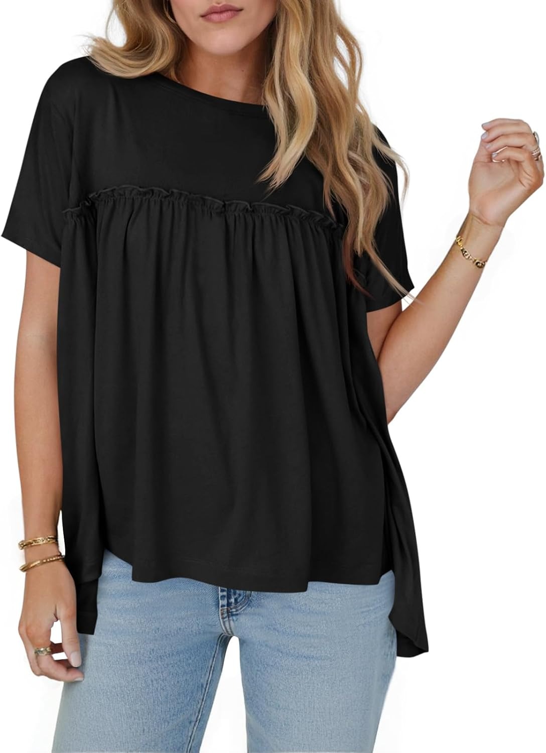 🔥Women's Pleated Short Sleeve Crew Neck Peplum Loose Fit Babydoll