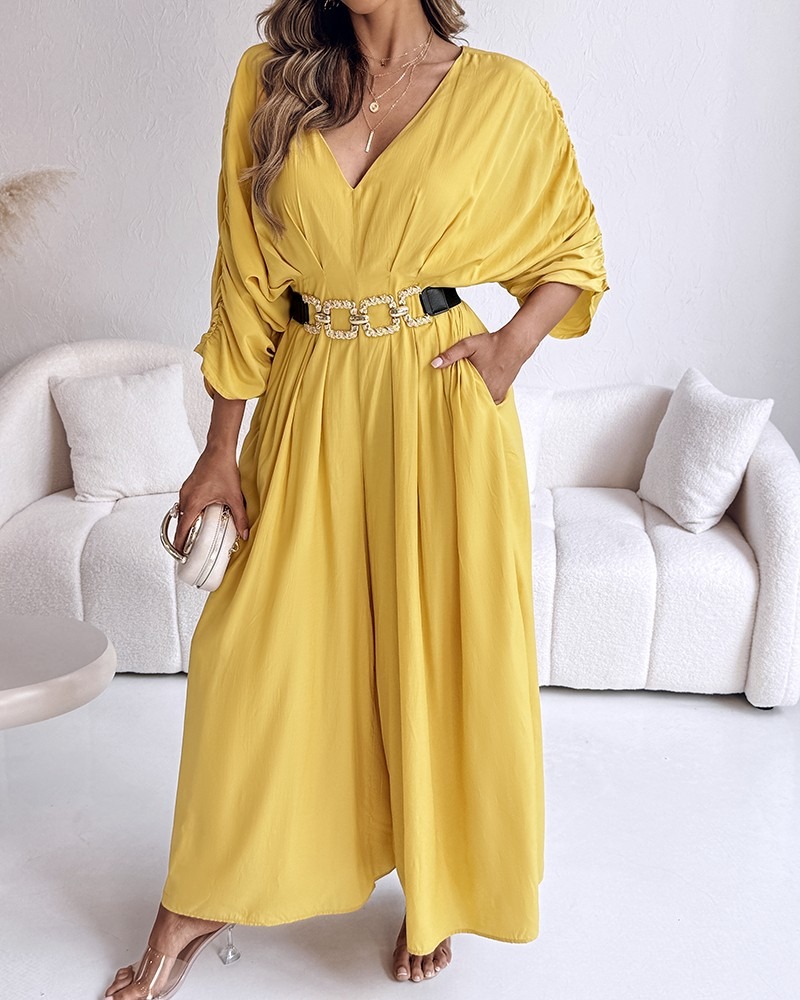 Women's Casual V-Neck Half Sleeve Ruched Jumpsuit