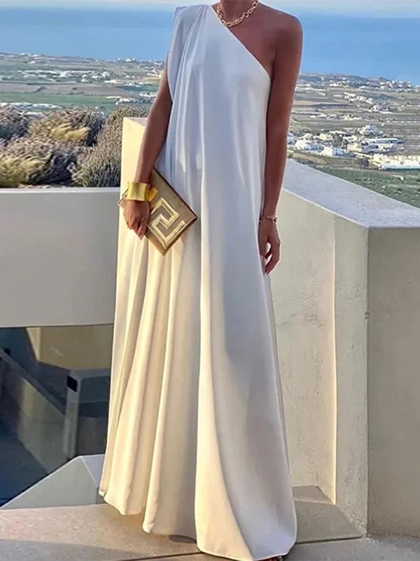 Women's Summer Asymmetric Solid Color Slit One Shoulder Maxi Dress