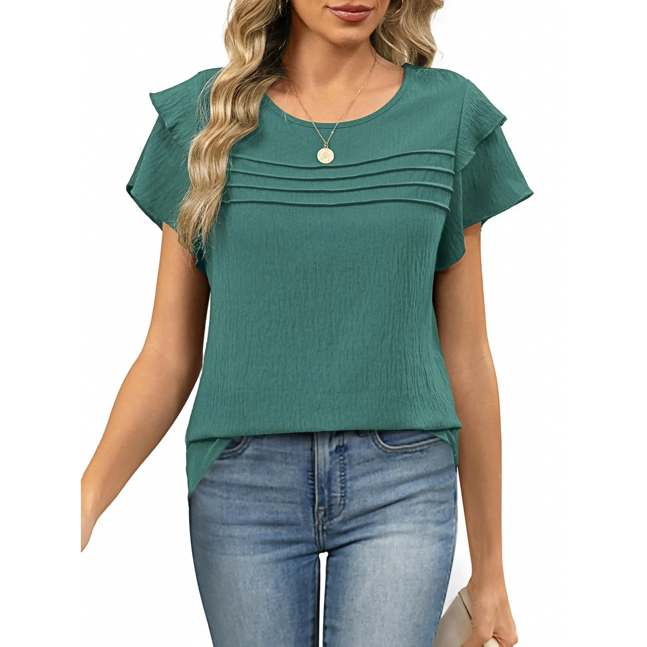 ✨Women's Summer Ruffle Short Sleeve Crew Neck Pleated Front Tops 