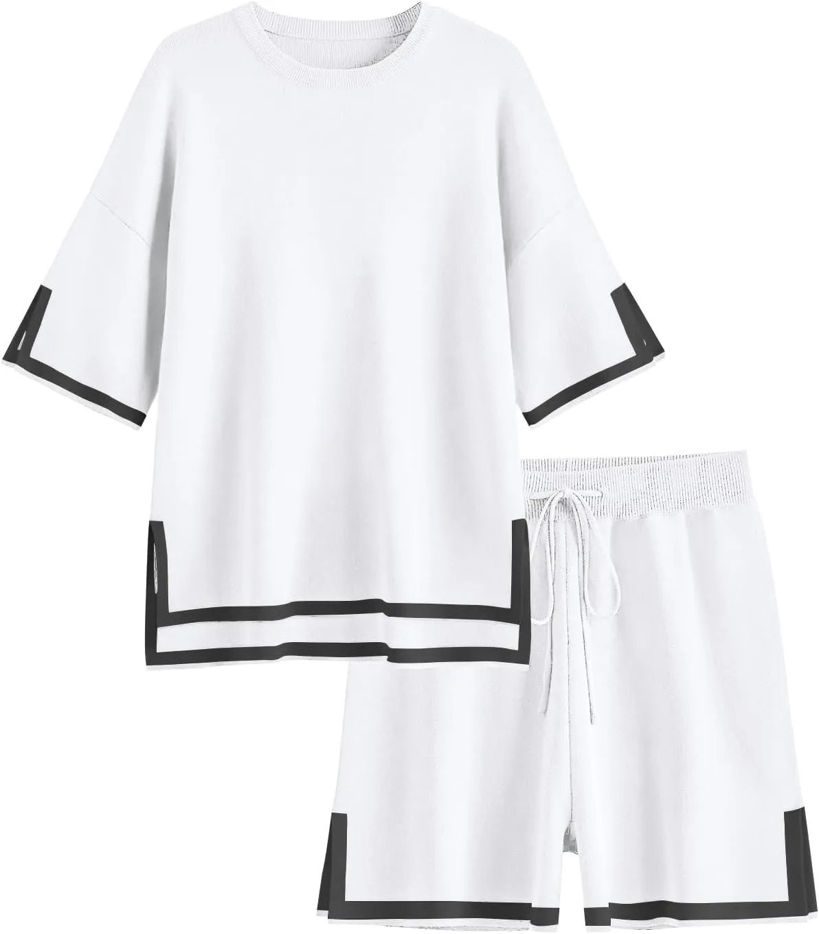 HOT SALE Women's Color Block Knitted Short Sleeve Top And Drawstring Shorts Set