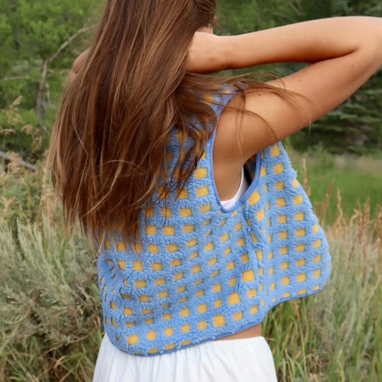 Women's Trendy Plaid High Neck Sherpa Zipper Vest Fleece Jacket