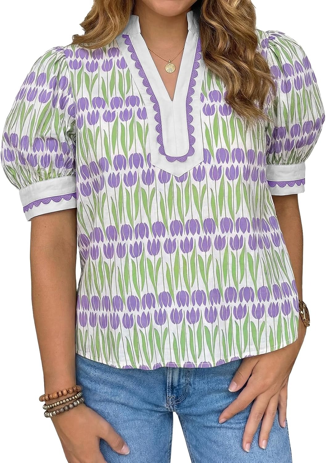 🌷Women's Puff Sleeve Floral Dressy Casual V Neck Loose Fit Blouse Tops