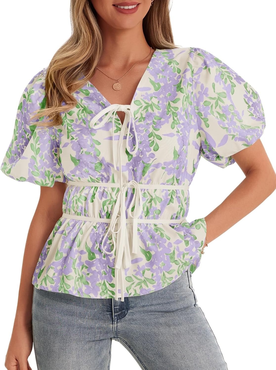 Women's Puff Sleeve Tie V Neck Print Shirts