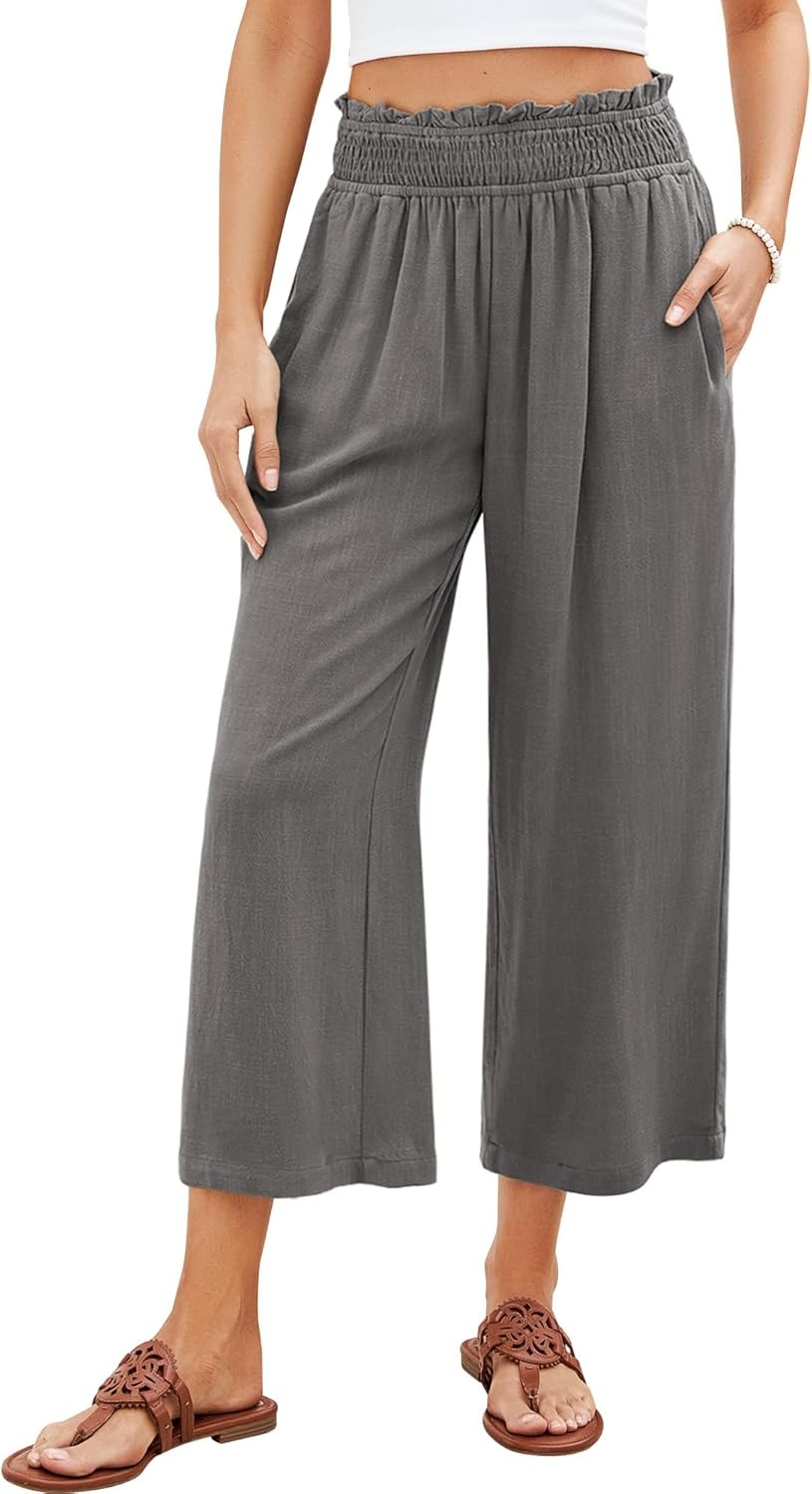 🔥Women's High Waisted Wide Leg Linen Elastic Smock Waist Capri Pants