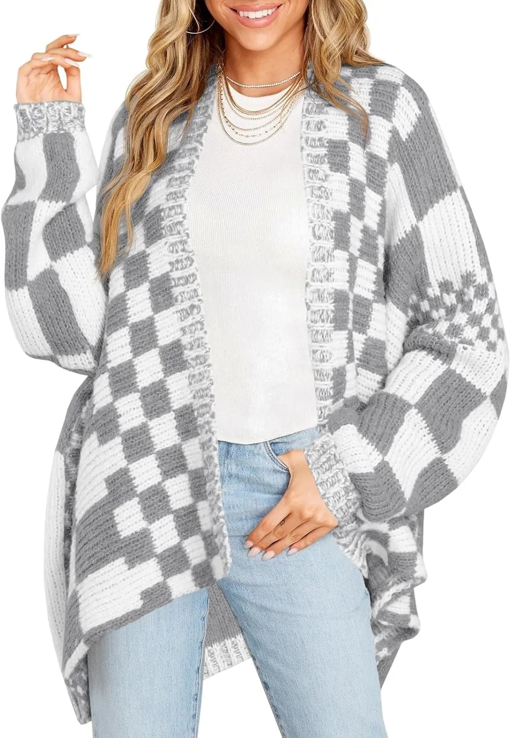 HOT SALE Women's Checkered Sweater Color Block Plaid Cardigans