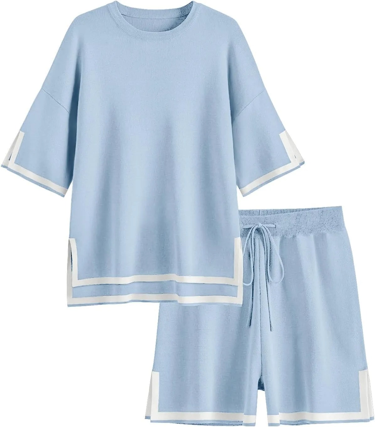 HOT SALE Women's Color Block Knitted Short Sleeve Top And Drawstring Shorts Set