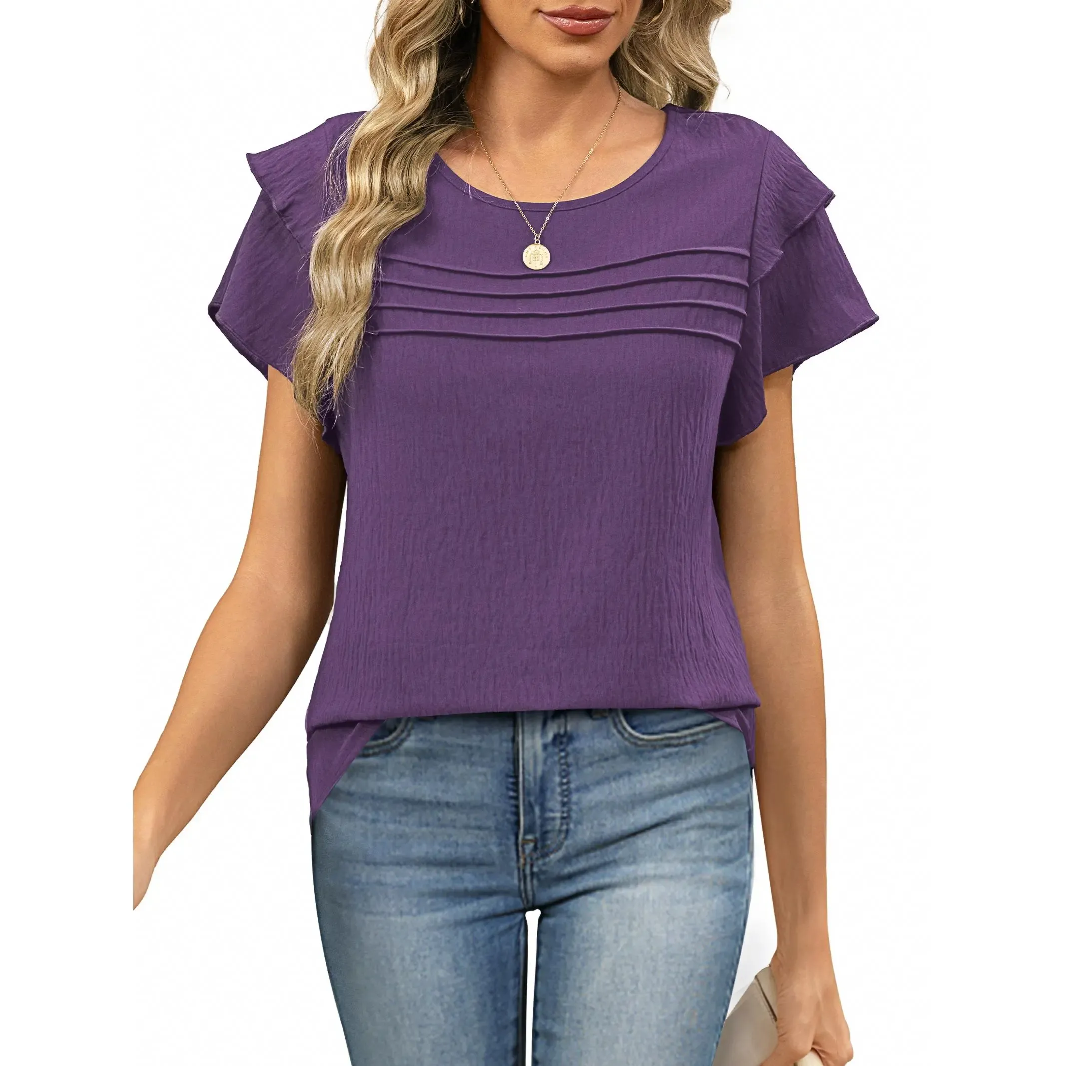 ✨Women's Summer Ruffle Short Sleeve Crew Neck Pleated Front Tops 