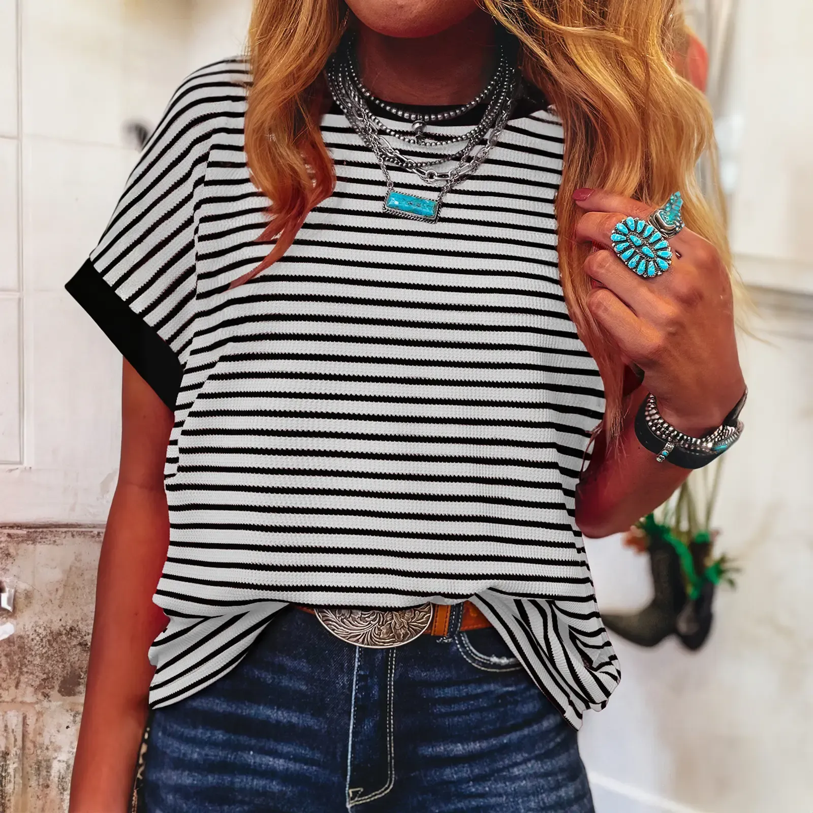 ✨Women's Striped Ribbed Knitted Drop Shoulder Round Neck T-Shirt