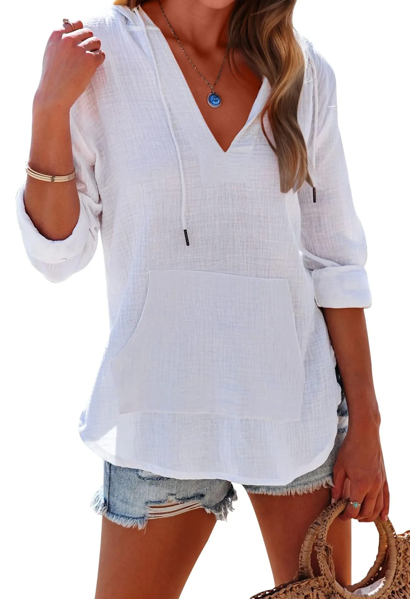 Women's Long Sleeve V Neck Pocketed Hooded Shirt Top