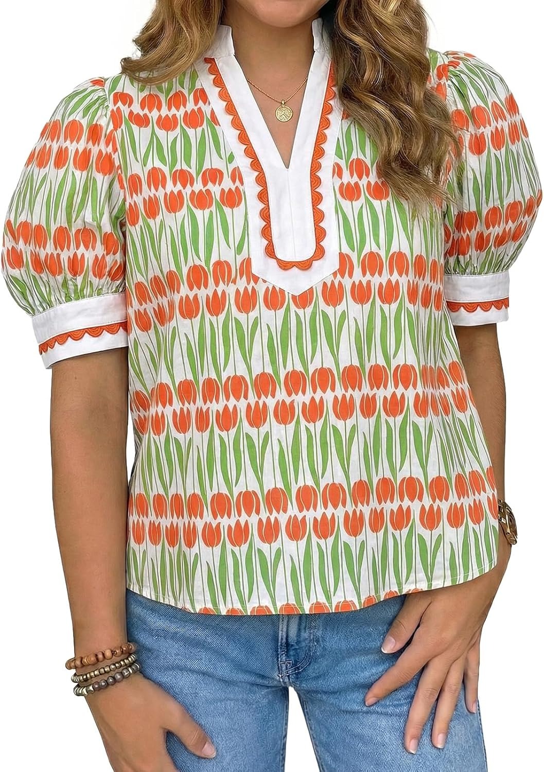 🌷Women's Puff Sleeve Floral Dressy Casual V Neck Loose Fit Blouse Tops