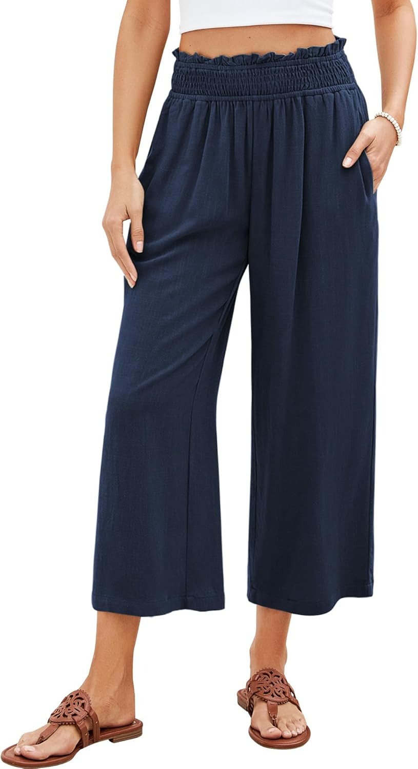 🔥Women's High Waisted Wide Leg Linen Elastic Smock Waist Capri Pants