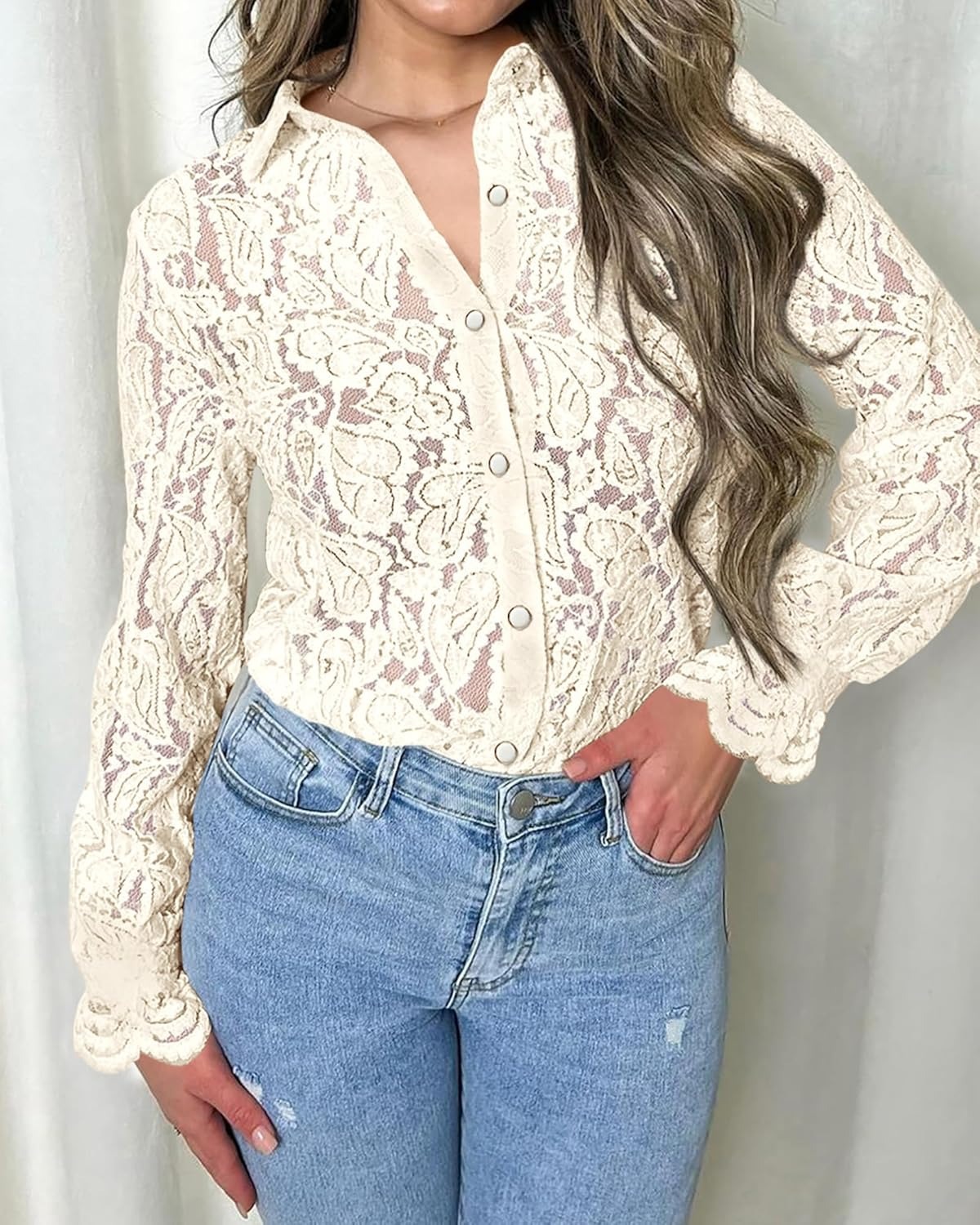 Women's Casual Dressy Lace Button Down Long Sleeve Shirts