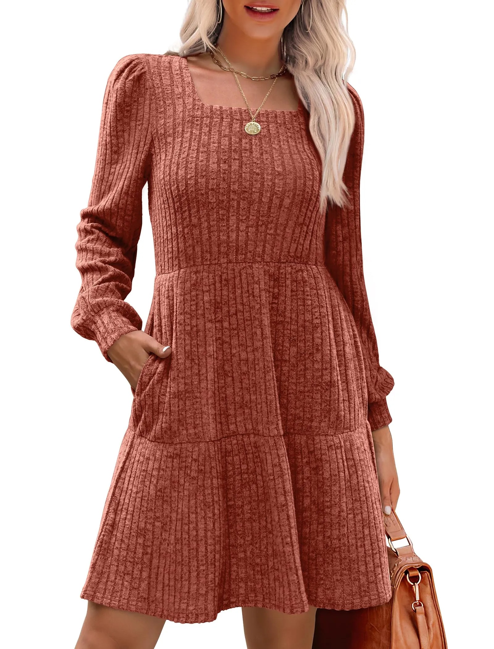 Women's Square Neck Lantern Sleeve Ribbed Dress
