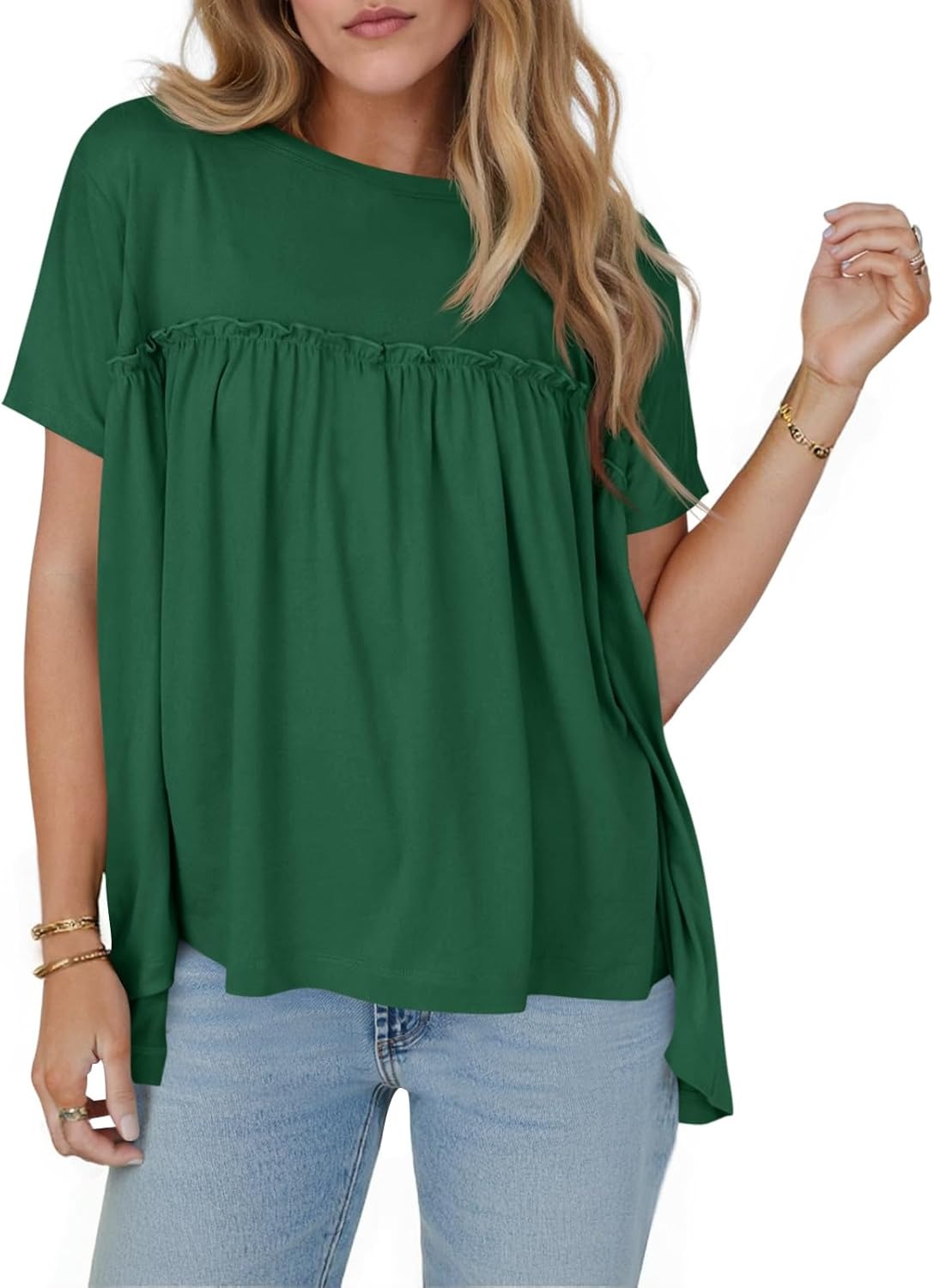 🔥Women's Pleated Short Sleeve Crew Neck Peplum Loose Fit Babydoll