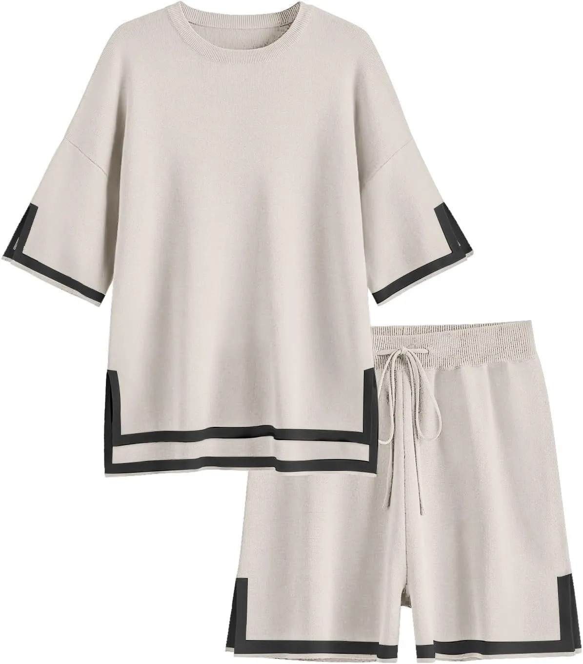 HOT SALE Women's Color Block Knitted Short Sleeve Top And Drawstring Shorts Set