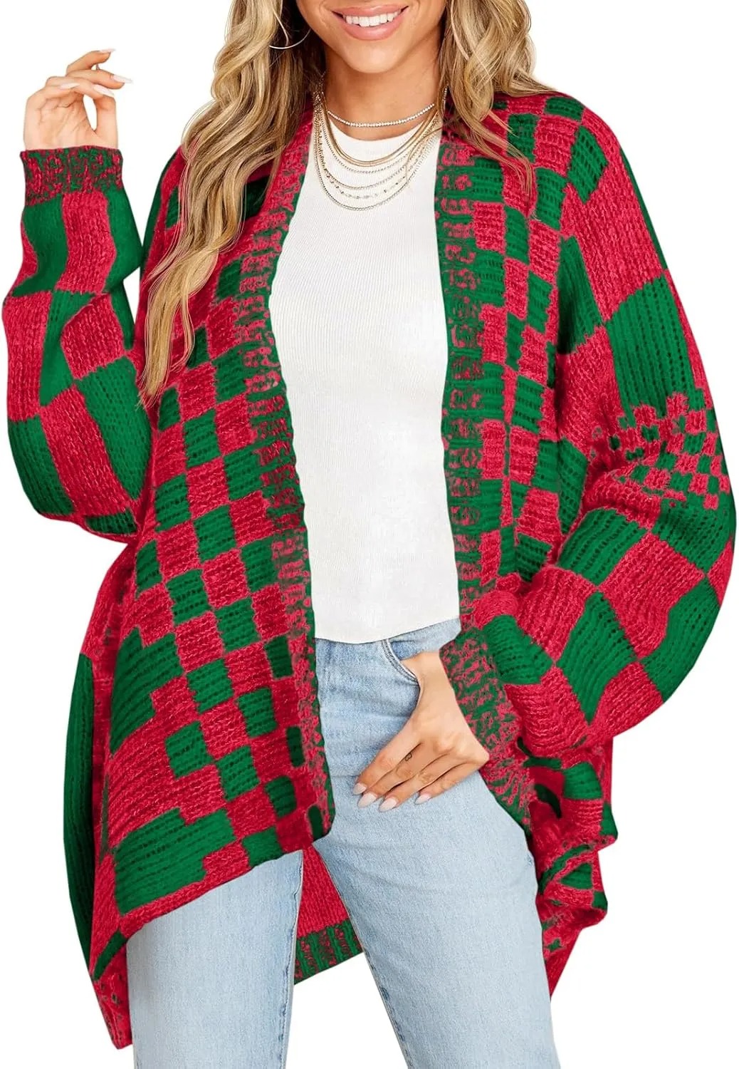 HOT SALE Women's Checkered Sweater Color Block Plaid Cardigans