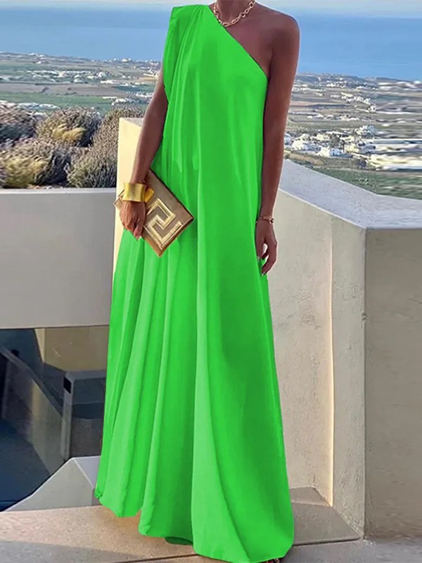 Women's Summer Asymmetric Solid Color Slit One Shoulder Maxi Dress