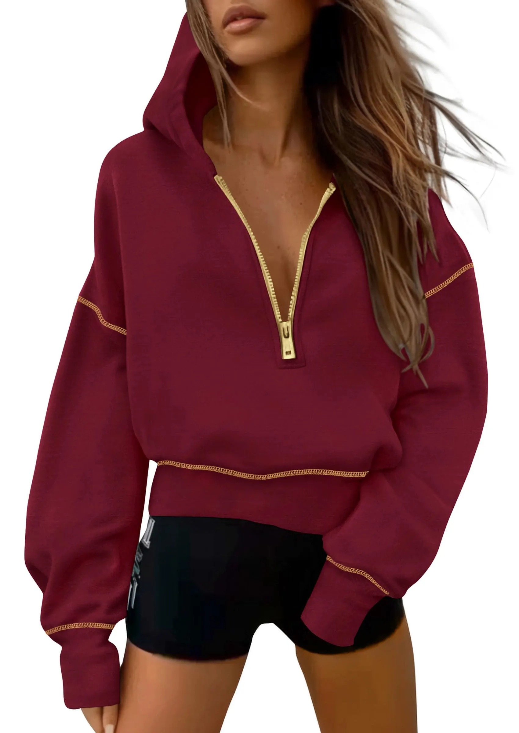 HOT SALE Women's Half Zip Hooded Long Sleeve Cropped Pullover