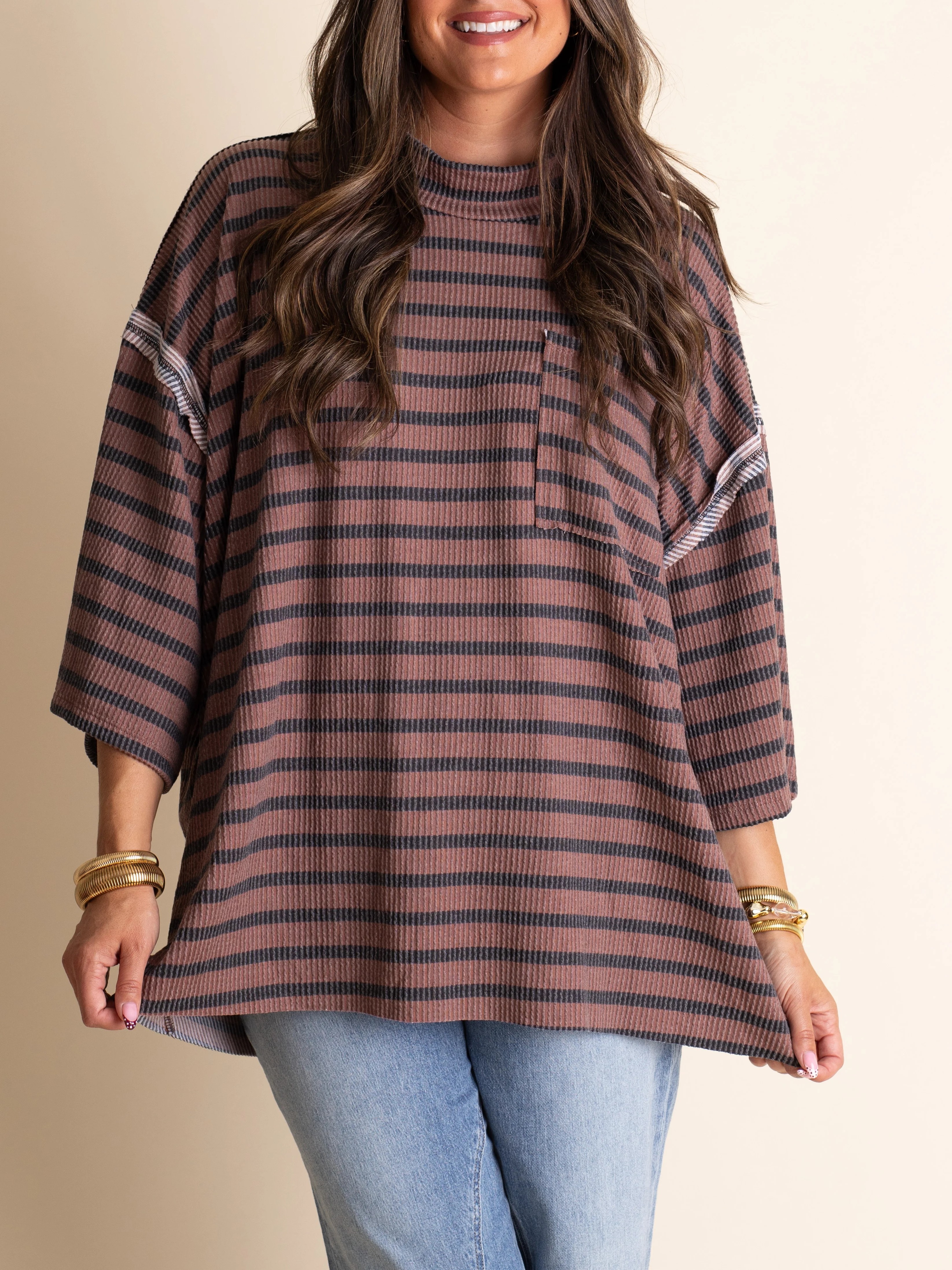 HOT SALE Womem's Oversized Ribbed Striped Crew Neck Pocket Top