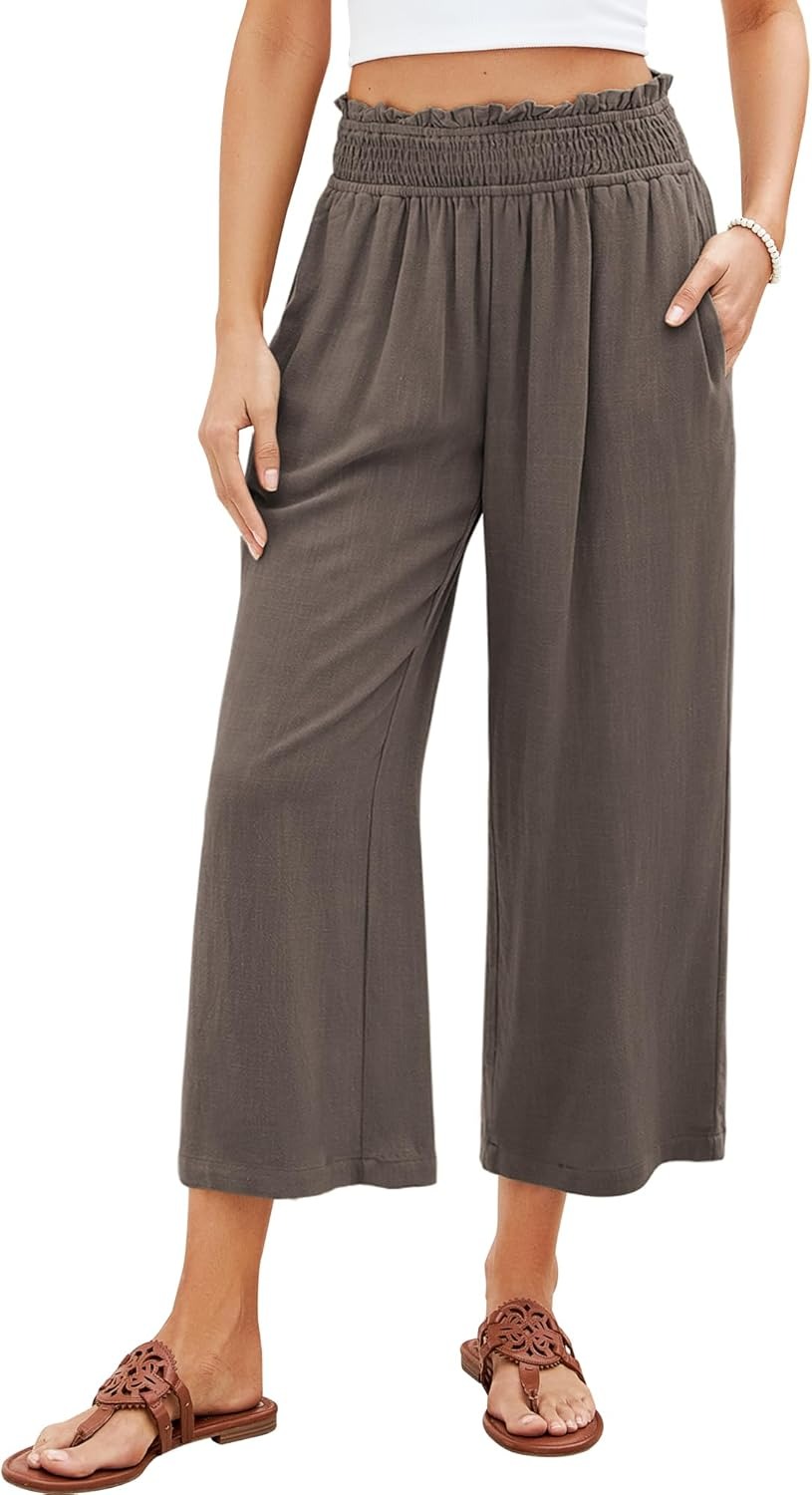 🔥Women's High Waisted Wide Leg Linen Elastic Smock Waist Capri Pants