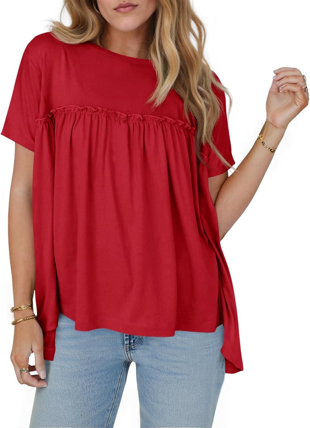 🔥Women's Pleated Short Sleeve Crew Neck Peplum Loose Fit Babydoll