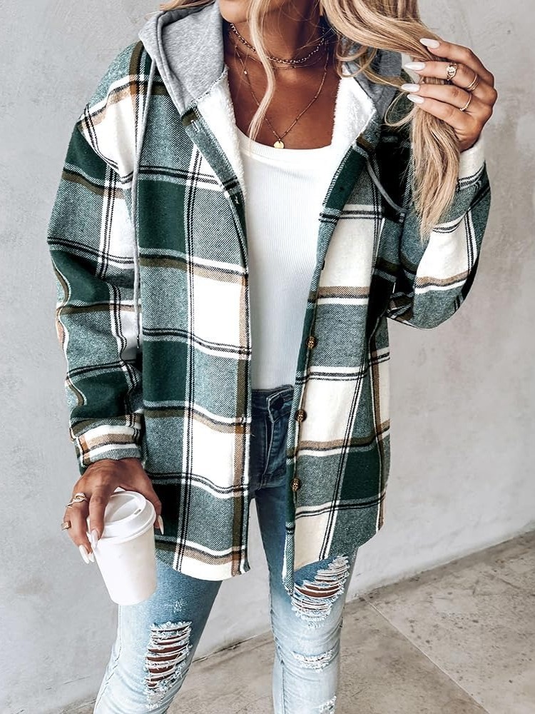 Women's Plaid Button Down Fleece Lined Hooded Jackets Warm Coat