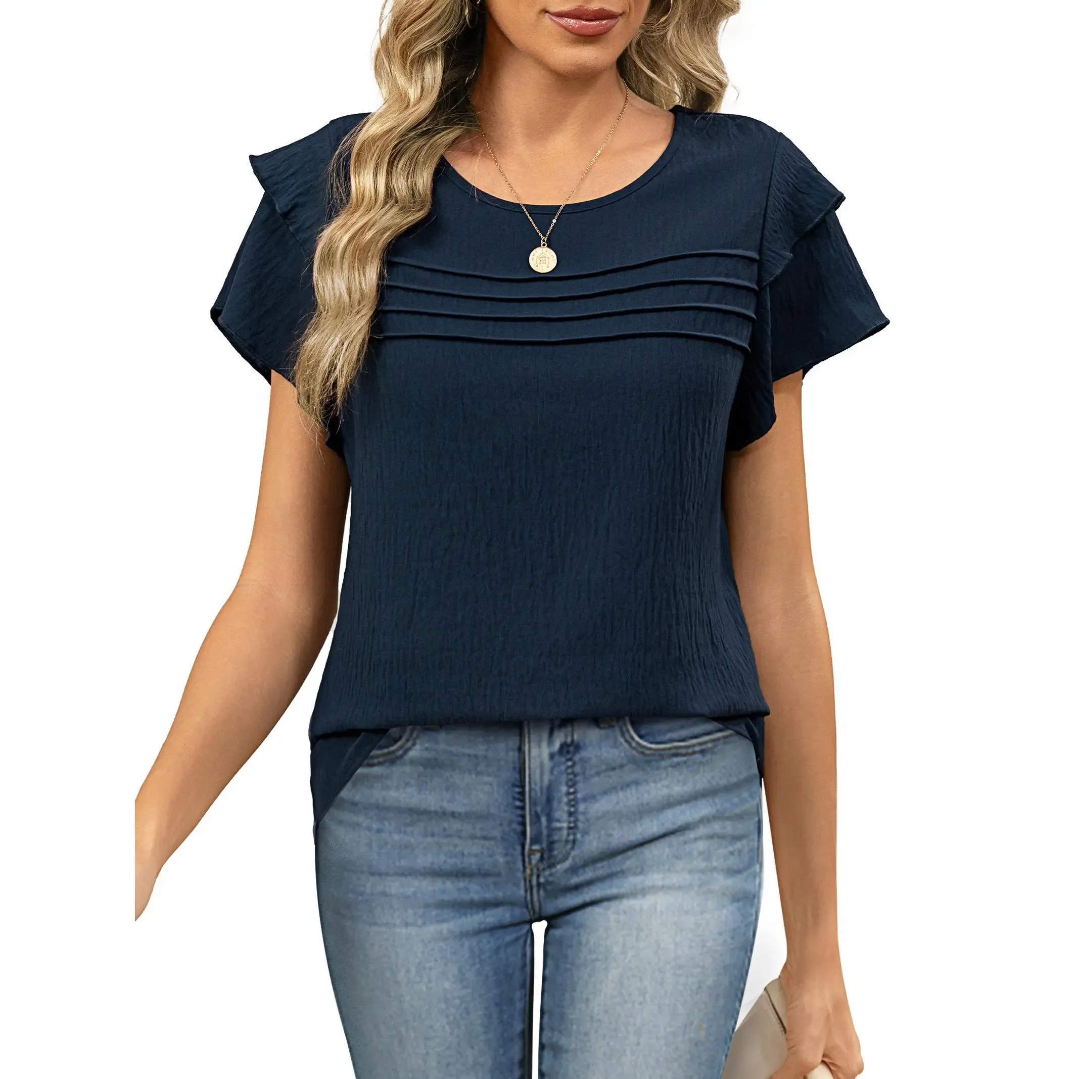 ✨Women's Summer Ruffle Short Sleeve Crew Neck Pleated Front Tops 