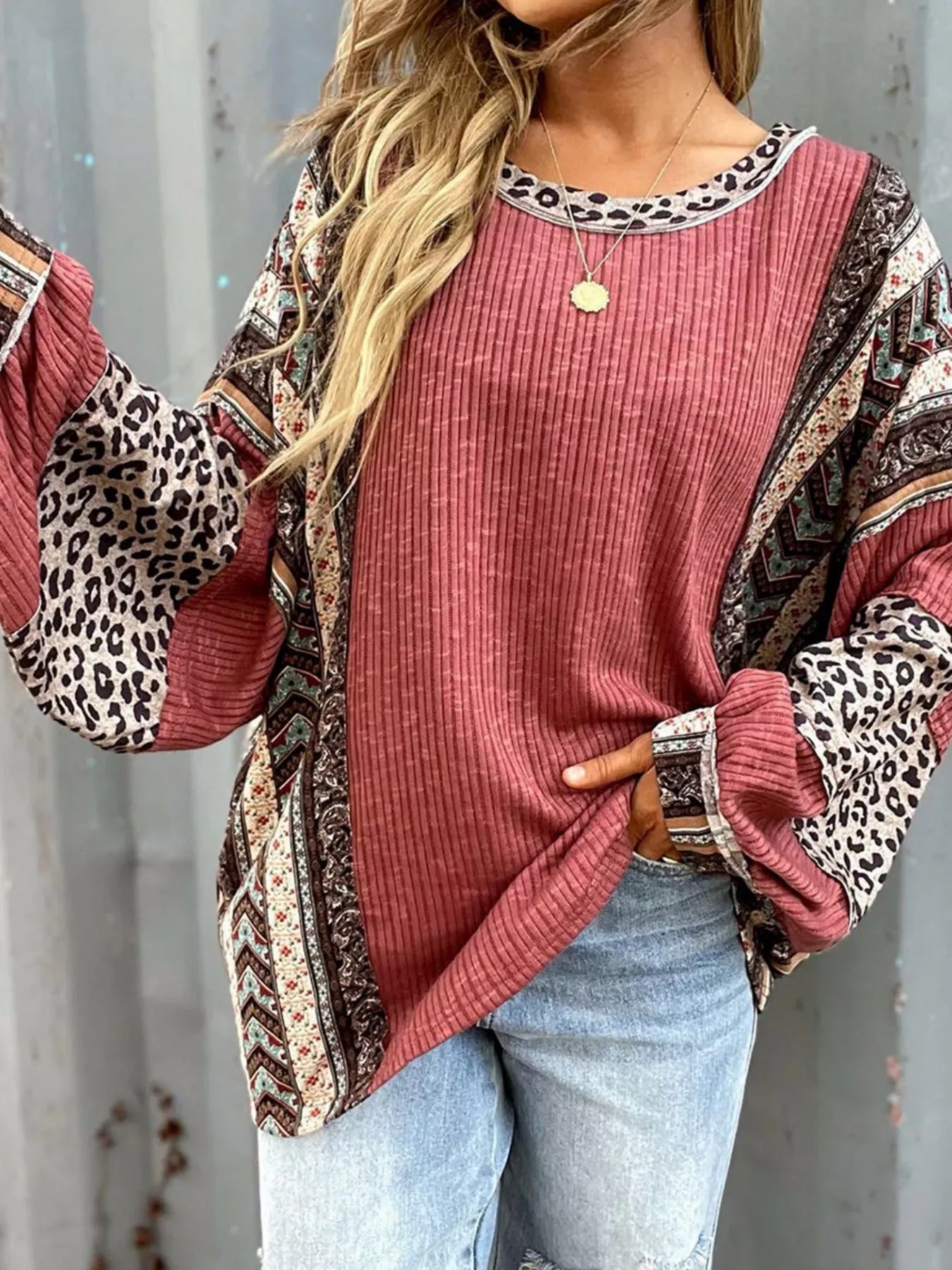 Women's Boho Leopard Patchwork Ribbed Long Sleeve Top