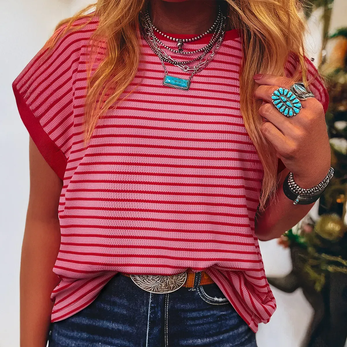 ✨Women's Striped Ribbed Knitted Drop Shoulder Round Neck T-Shirt