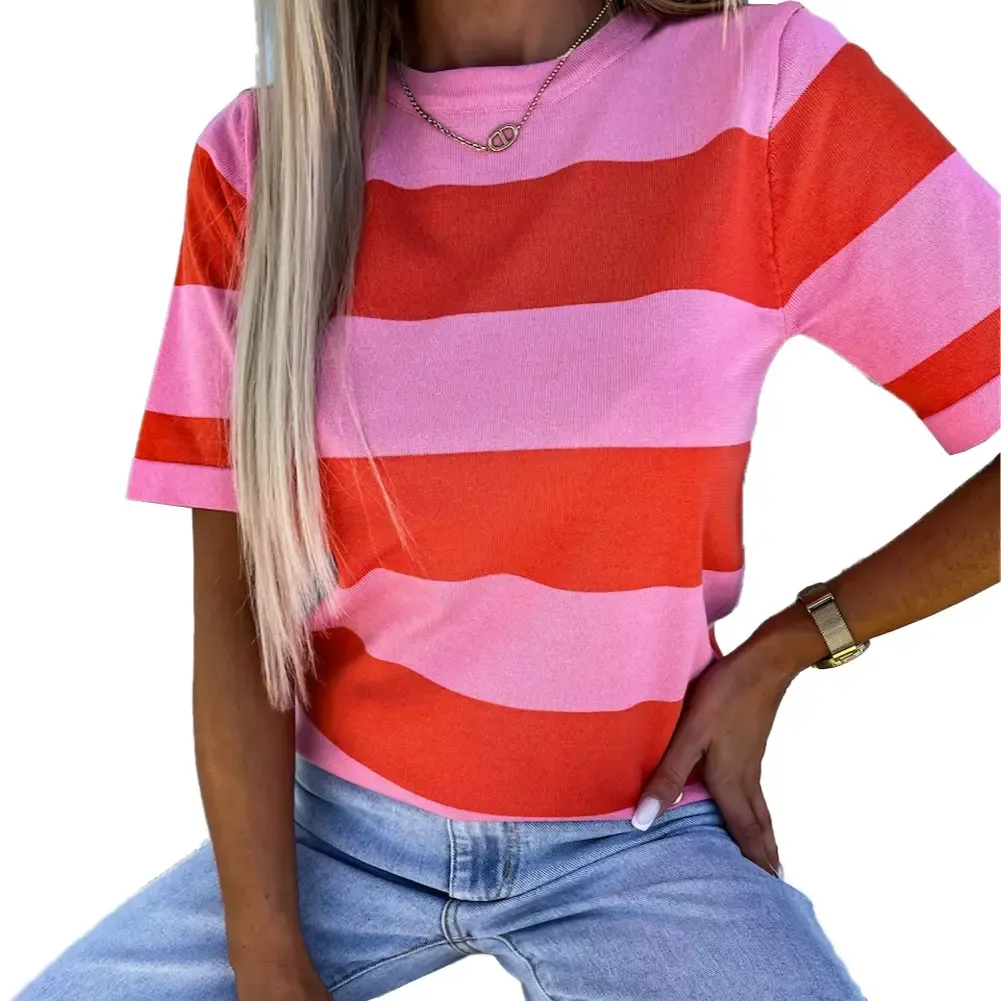 🔥Women's Colorblock Striped Ribbed Knitted Round Neck T Shirt