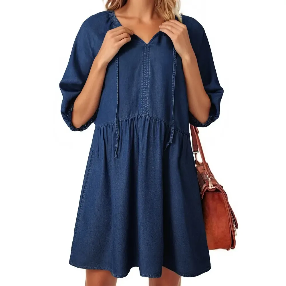 🔥Women Casual Puff Short Sleeve V Neck Babydoll Denim Dress