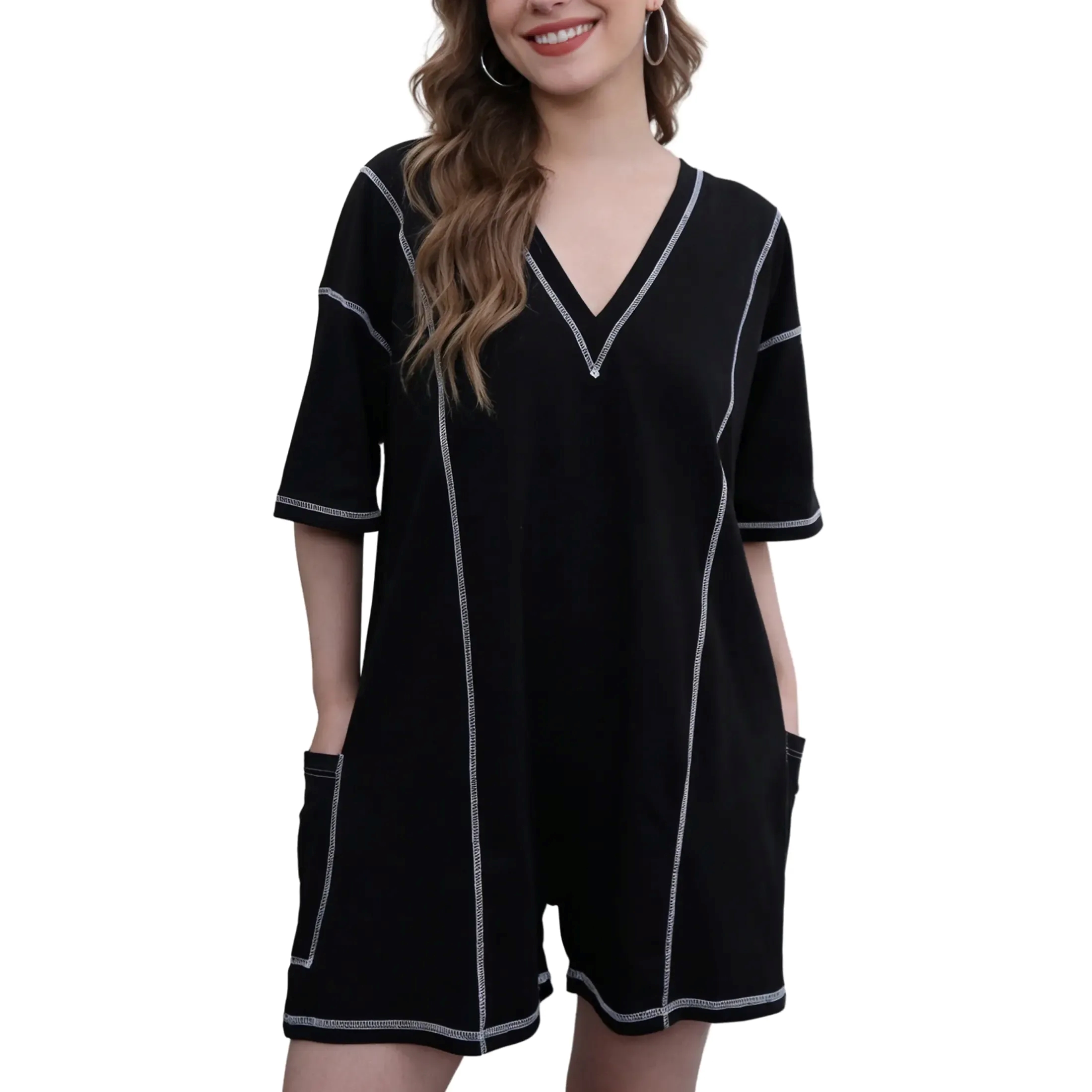 ✨Women’s Reversible Short Sleeve Romper with Contrast Stitching and Pockets 