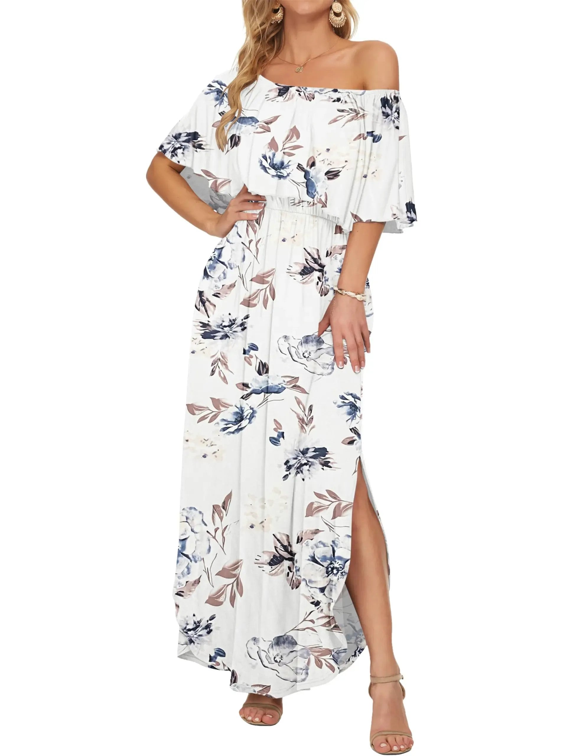 Women's Off-Shoulder Ruffled Side-Slit Maxi Dress with Pockets