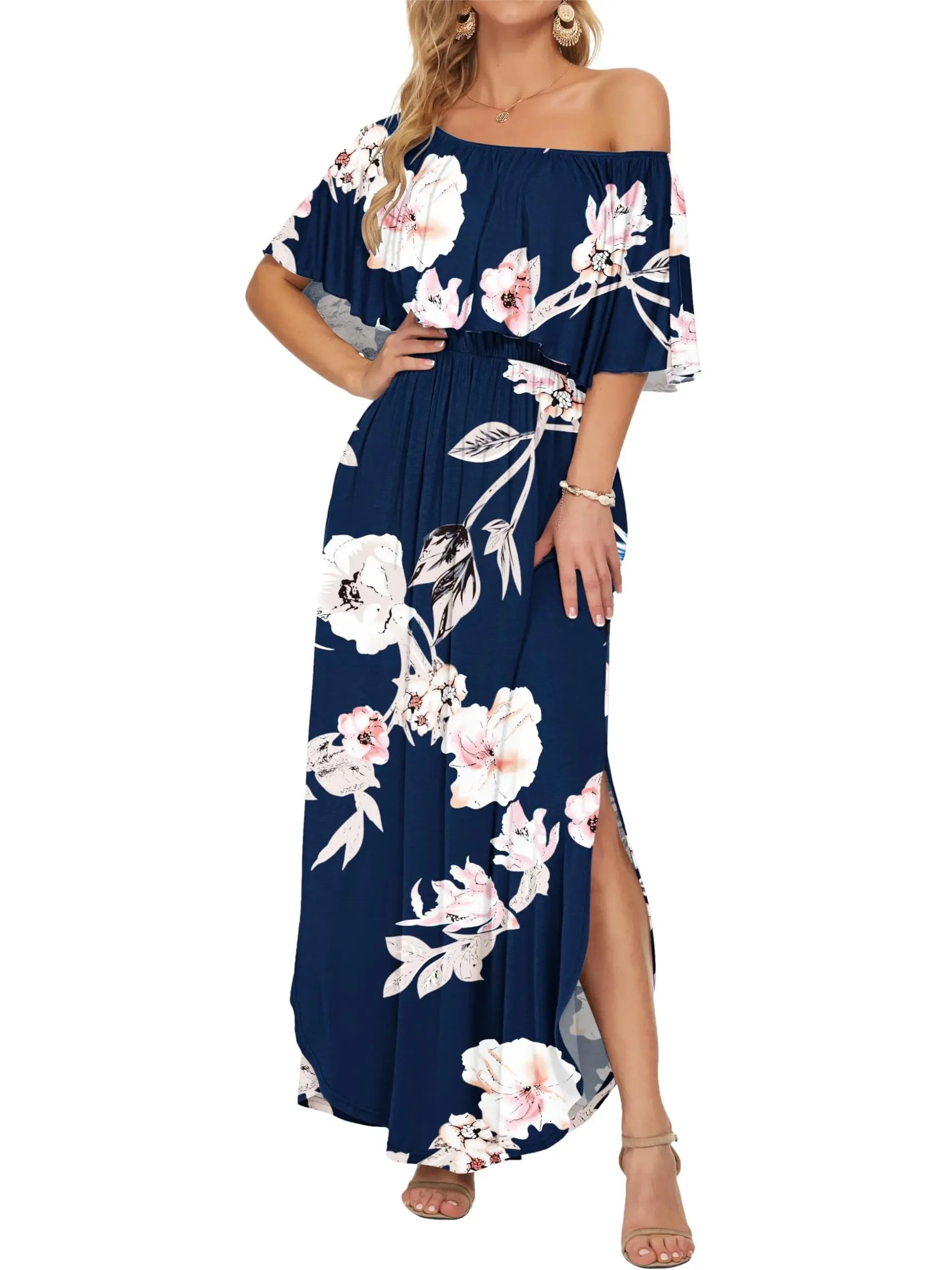 Women's Off-Shoulder Ruffled Side-Slit Maxi Dress with Pockets