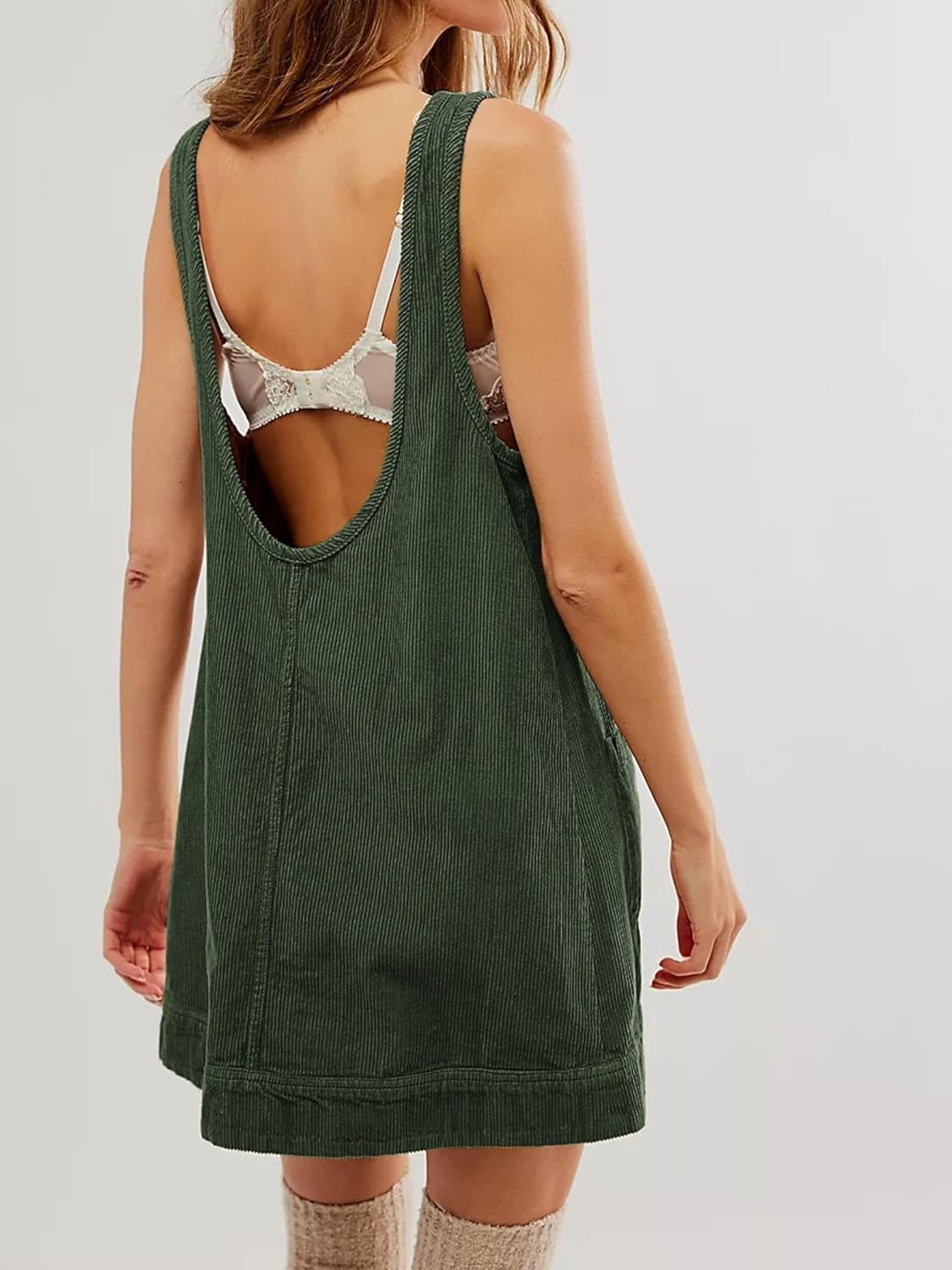 Women's Corduroy Round Neck A Line Overall Dress with Pockets