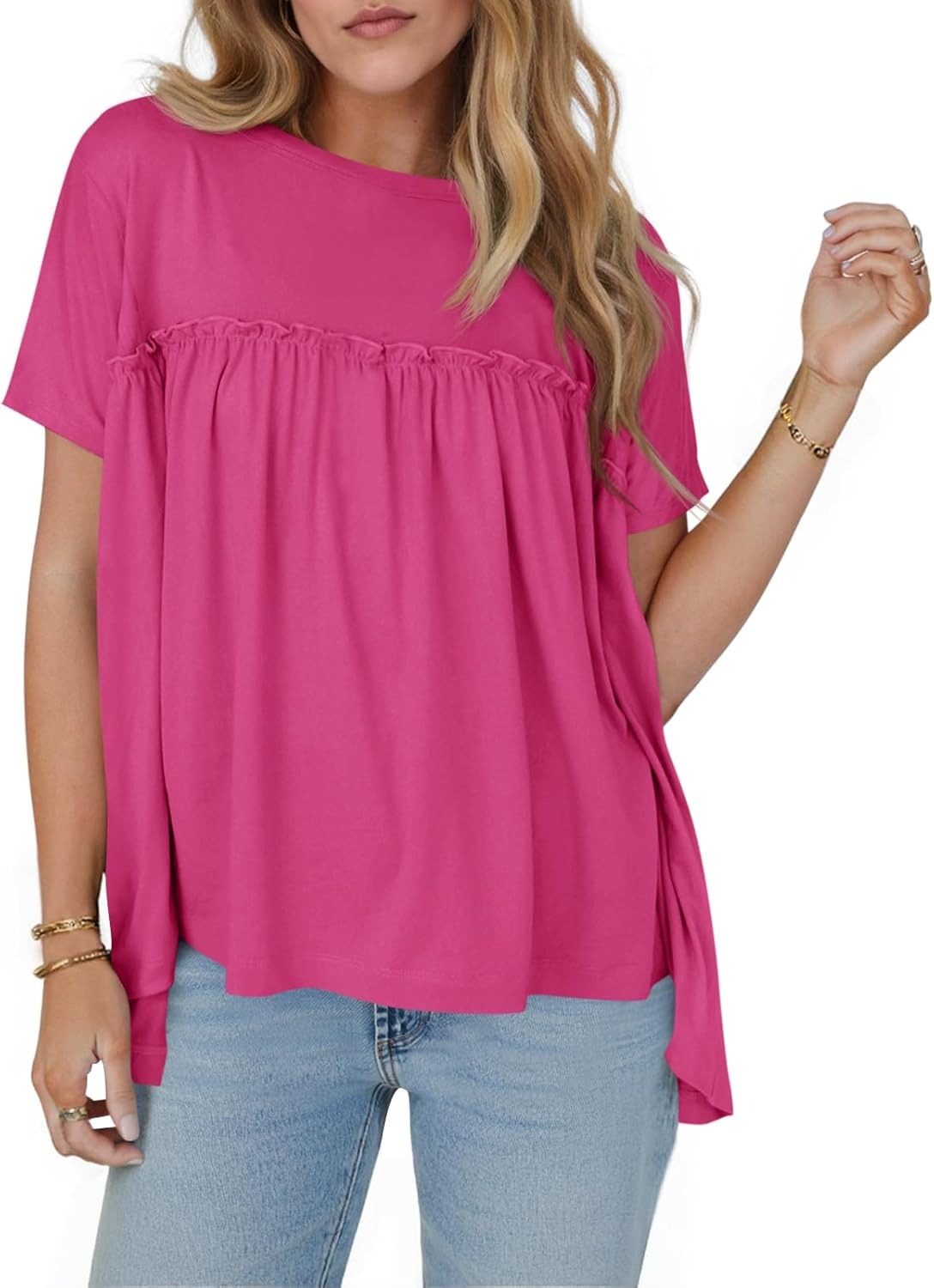 🔥Women's Pleated Short Sleeve Crew Neck Peplum Loose Fit Babydoll