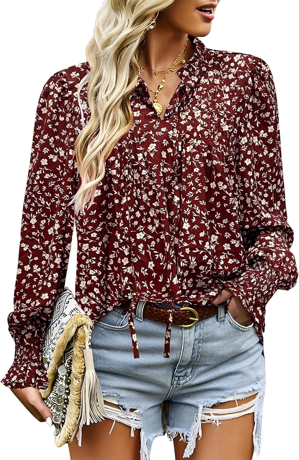 Womens Long Sleeve Tops Boho Floral Printed Blouses Pleated Drawstring  Shirts