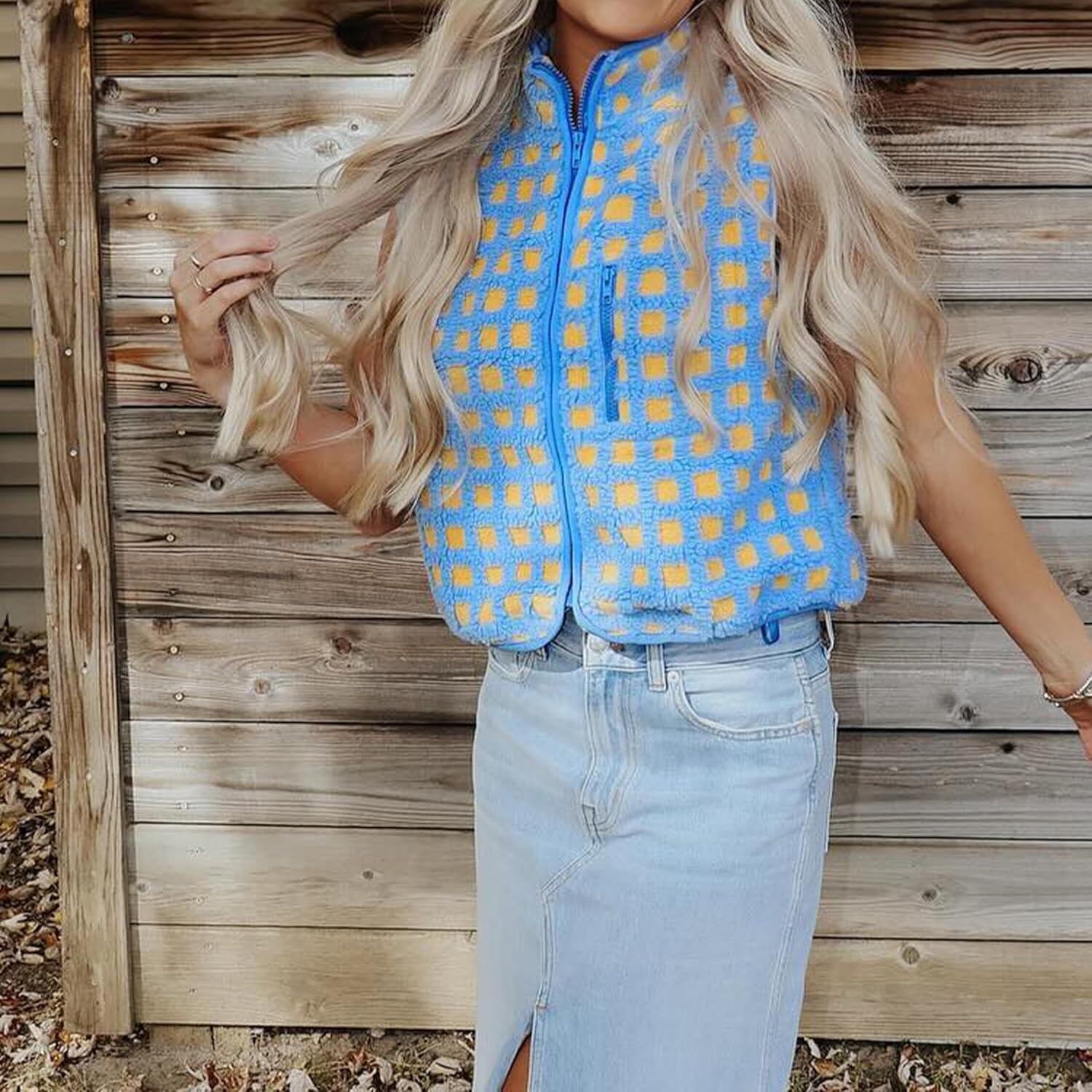 Women's Trendy Plaid High Neck Sherpa Zipper Vest Fleece Jacket