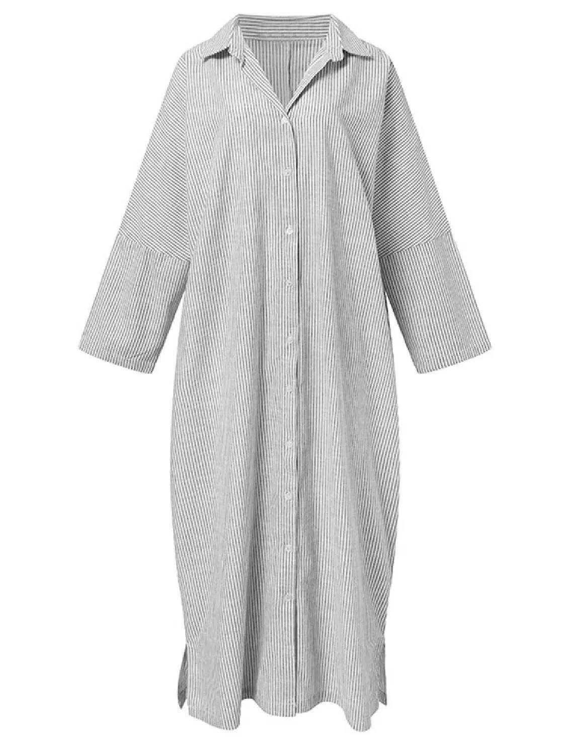 HOT SALE Women's Casual Button Down Loose Striped Cotton Maxi Shirt Dress