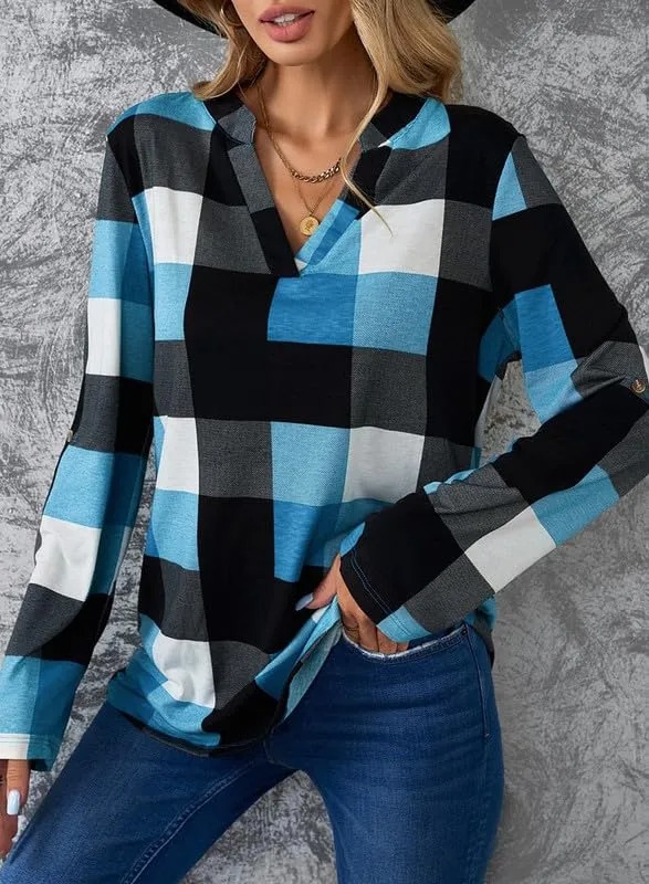 HOT SALE Women's V Neck Plaid Print Cuffed Long Sleeve Shirt