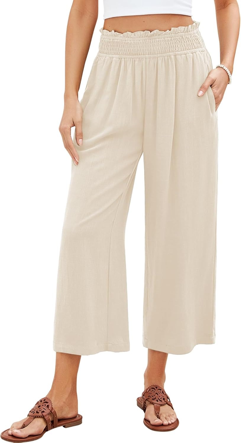 🔥Women's High Waisted Wide Leg Linen Elastic Smock Waist Capri Pants